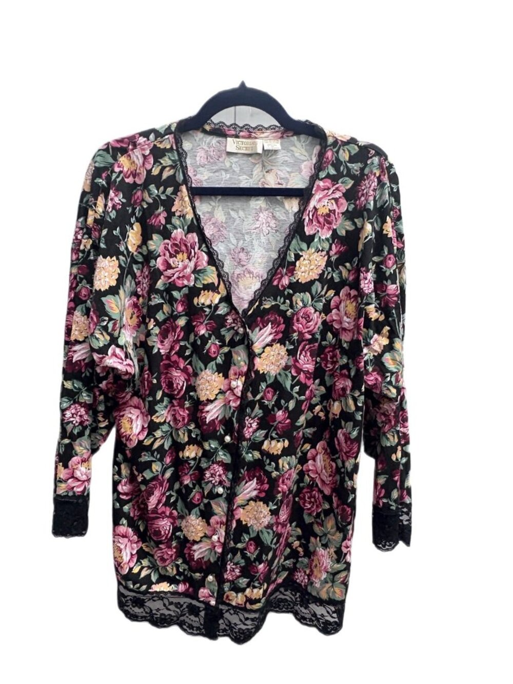 Vintage Victoria's Secret Floral Lace Trim Cardigan Top Black Pink Pearl M